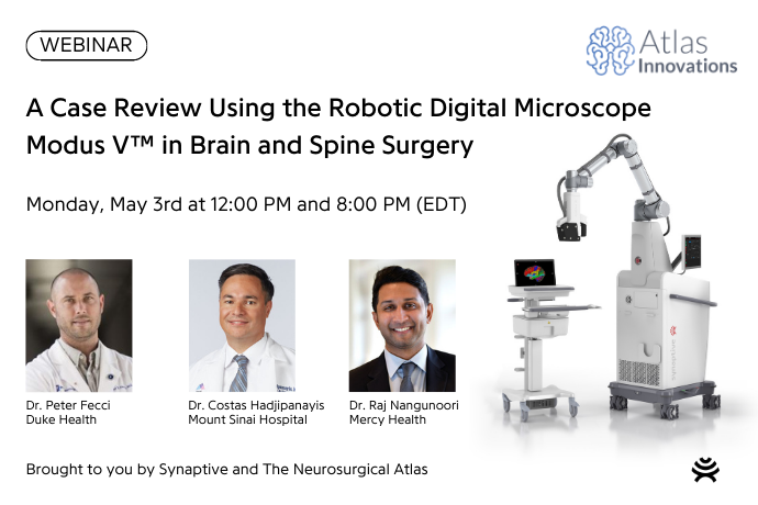 webinar promotion for May 3rd, includes photo of 3 surgeons, a computer with a colorful brain, and a robotic digital microscope