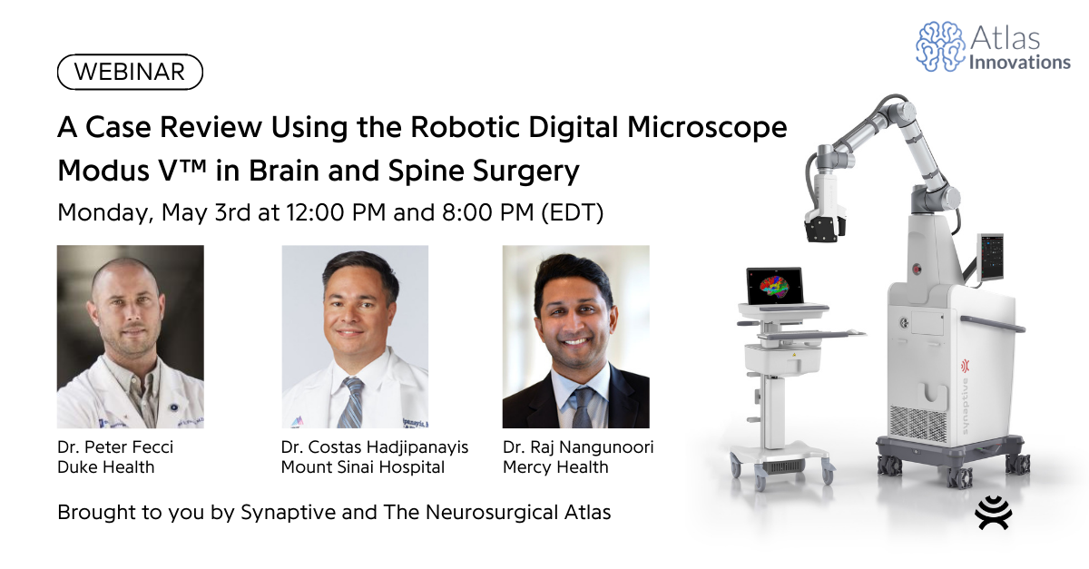 webinar promotion for May 3rd, includes photo of 3 surgeons, a computer with a colorful brain, and a robotic digital microscope